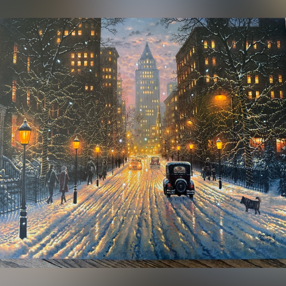 Vintage Winter City Street Scene Painting - Warm Lights on Snow